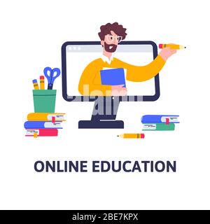 Online education concept. Distant training courses, tutorials, seminars, webinars. Stock Vector