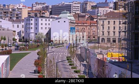 (200413) -- BELGRADE, April 13, 2020 (Xinhua) -- An empty street is seen in downtown Belgrade, Serbia on April 12, 2020. A curfew was launched in Belgrade for the weekend due to the COVID-19 outbreak. (Photo by Nemanja Cabric/Xinhua) Stock Photo