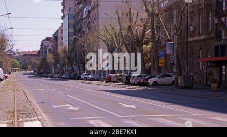 (200413) -- BELGRADE, April 13, 2020 (Xinhua) -- An empty street is seen in downtown Belgrade, Serbia on April 12, 2020. A curfew was launched in Belgrade for the weekend due to the COVID-19 outbreak. (Photo by Nemanja Cabric/Xinhua) Stock Photo