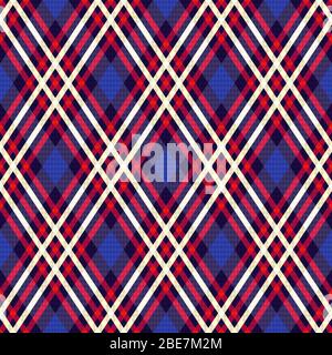 Rhombic seamless illustration pattern as a tartan plaid in violet hues with red and white lines Stock Vector