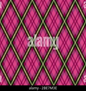 Detailed Rhomb seamless vector pattern as a tartan plaid mainly in pink and magenta hues with khaki lines Stock Vector