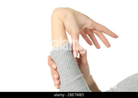 Close up of woman hypermobile hand bending wrist and thumb on isolated on white backgroud Stock Photo