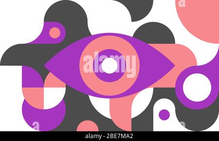 Funky background in bauhaus style with eye, curves and circles, pink retro poster with geometric shapes in style of 80s, fashion vector minimal pattern. Stock Vector