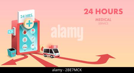 Red medical services vending machine with ambulance and biohazard trash can. Concept healthcare service vector illustration. Stock Vector