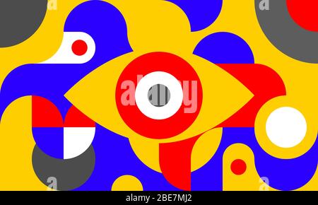 Funky background in bauhaus style with eye, curves and circles, retro poster with geometric shapes in style of 80s, fashion vector minimal pattern. Stock Vector