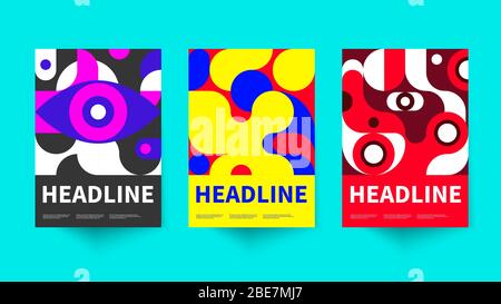Abstract bauhaus posters, set of funky geometric hipster backgrounds, template for covers of brochures, annual reports, booklets, 2D swiss design Stock Vector