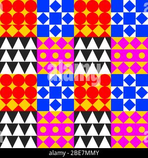 Geometric tile background, bauhaus color seamless pattern with circles, squares and triangles, fashion modern print with different shapes, swiss design, vector abstract mosaic Stock Vector