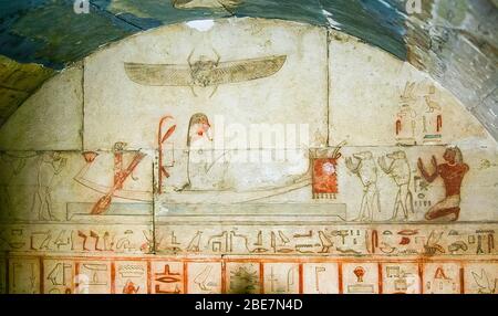 Egypt, Cairo, Heliopolis, a zone prepared to be an open air museum in the future. Tomb of Panehesy, 26th dynasty. The sun on its boat. Stock Photo