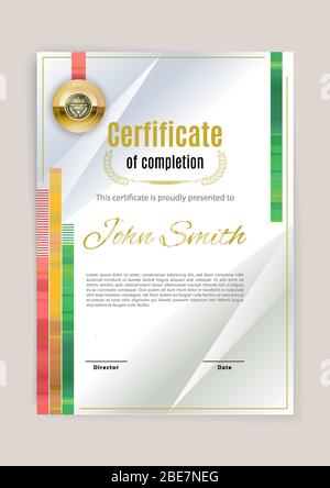 Official white certificate with schedule. Modern blank many lines. Vector illustration. Green red yellow mosaic in row. Vector illustration. Stock Vector