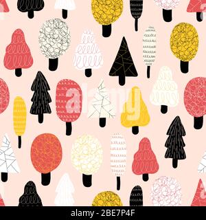 Cute doodle trees seamless vector pattern. Repeating abstract nature background various forest trees black red yellow white on a pink backdrop. For Stock Vector