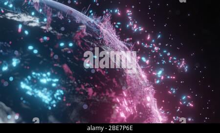 Abstract futuristic planet Earth surrounded by virtual elements. Dots and lines. Element of this image furnished by NASA. 3D rendering. Technology con Stock Photo