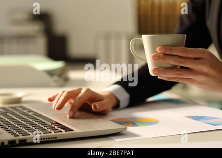 Close up of executive woman hands using laptop holding coffee cup in the office at night Stock Photo