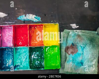 Watercolor in a palette,  The palette water paints on the table, many color in the palette water paints Stock Photo