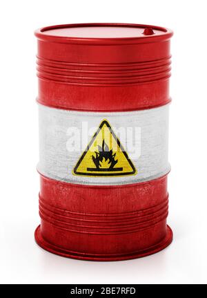 Old barrel with inflammable symbol isolated on white background. 3D illustration. Stock Photo