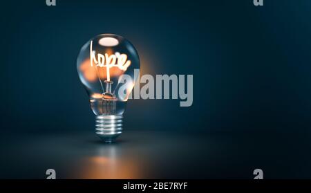 A metaphor about the Hope is the lightning from the desperation. Isolated Bulb on a darke background. 3D illustration Stock Photo