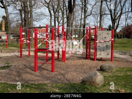 Children's playground, closed due to coronavirus, Leipzig, Saxony, Germany Stock Photo