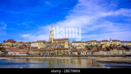 View of the old town with the Bernese Minster and the river Aare, Inner City, Bern, Canton of Bern, Switzerland Stock Photo