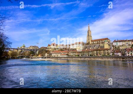 View of the old town with the Bernese Minster and the river Aare, Inner City, Bern, Canton of Bern, Switzerland Stock Photo