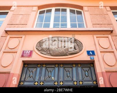 Prague Art Nouveau woman nude sculpture on New Town Hall by Josef