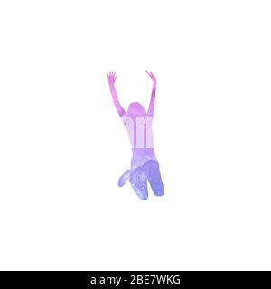 Silhouette of girl jumping. Watercolor texture. Isolated on white background. Flat style vector illustration Stock Vector