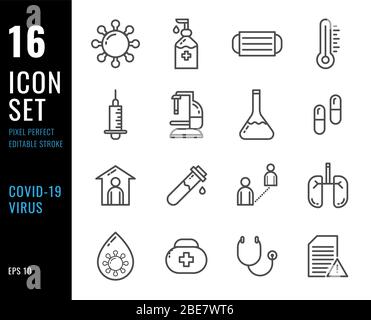 Set of Coronavirus or covid-19 line icon. Contains such icons as protective measures, Incubation period and more. Editable stroke. 64x64 pixel perfect Stock Vector