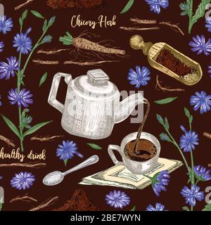 Seamless pattern with Realistic Botanical color sketch of chicory flowers, powder, teapot, tea cup and spoon isolated on brown background, floral Stock Vector