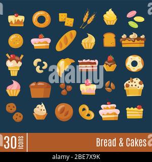 Bread and cakes info-graphic icons set in flat style. Stock Vector