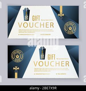 Vector gift triangle voucher template. Universal flyer for business. Dark blue gold clean design for department stores, business. Abstract background Stock Vector