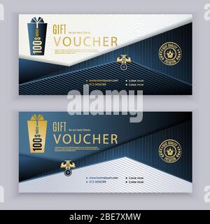 Vector gift triangle voucher template. Universal flyer for business. Dark blue gold clean design for department stores, business. Abstract background Stock Vector