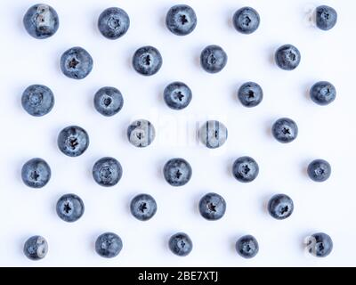 Looking down at blueberries laid out in a geometric pattern on a white background Stock Photo