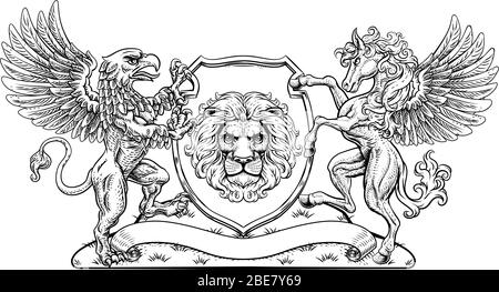 Lion, eagle, griffin and pegasus heraldic icons. Heraldic shield