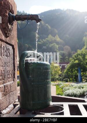 Filling a water can from an historic well, Black Forest, Germany Stock Photo