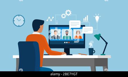 Man having a conference call with his business team online, telecommuting, remote work and business communications concept Stock Vector