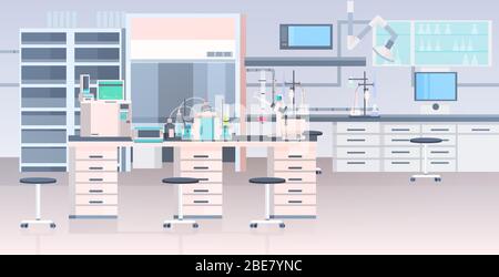 modern lab interior empty no people chemical laboratory with furniture horizontal vector illustration Stock Vector