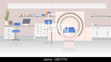 hospital room with MRI magnetic resonance imaging scan device medical healthcare concept laboratory with high technology contemporary equipment horizontal vector illustration Stock Vector