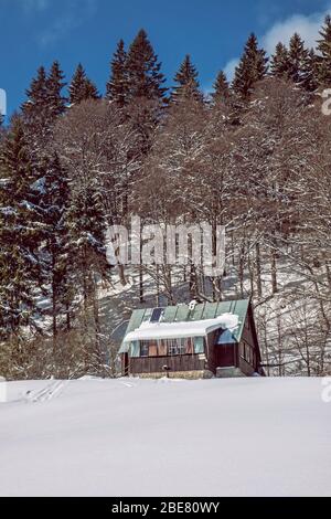 Shelter Limba, Rakytov , Big Fatra mountains, Slovak republic. Snowy landscape. Travel destination. Hiking theme. Stock Photo