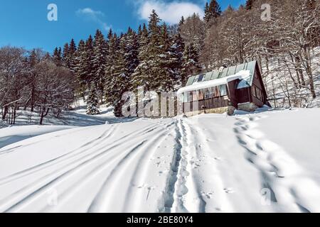 Shelter Limba, Rakytov , Big Fatra mountains, Slovak republic. Snowy landscape. Travel destination. Hiking theme. Stock Photo