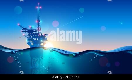 Offshore Oil or Gas Rig in sea at sunset time. industry drill platform in ocean. Water with underwater bubbles with sunrise on horizon. subsea marine Stock Vector