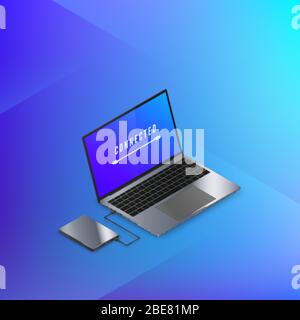 Hard Disk Drive connected to laptop isometric banner in blue colors. Technology background. Vector illustration Stock Vector