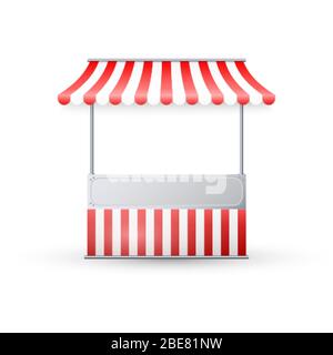 Realistic empty market stall with red and white striped awning. Template street trading, retail stand for grocery goods. Vector illustration Stock Vector