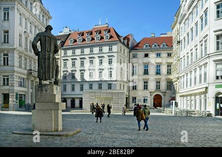 Vienna, Austria - March 27th 2016: Unidentified people on Jewish squarewith  Gotthold Ephraim Lessing monument and Holocaust memorial in the Unesco Wo Stock Photo