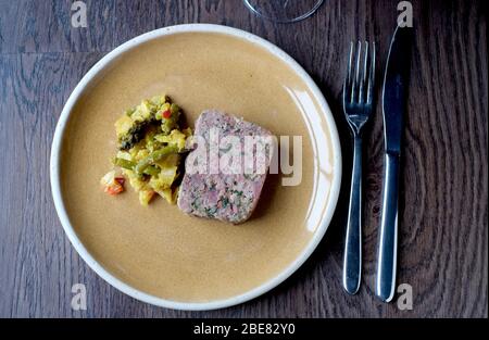 Ham hock terrine and homemade piccalilli at The Grandtully hotel, Perthshire Stock Photo
