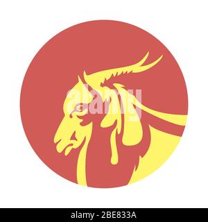 Round red icon with the image of a goat, flat style on a white background, vector Stock Vector