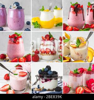 Collage of different breakfast food. Glasses with fruit and berry yogurt and chia pudding. Square picture. Healthy diet food Stock Photo