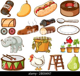 Large set of different food and other items on white background illustration Stock Vector