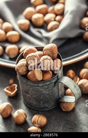 Hazelnuts and their cracked shells on a vintage dark metallic background, in a metallic cup and on a tray with a cloth. Stock Photo