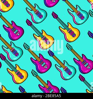 Seamless pattern with cartoon musical electric guitars. Stock Vector