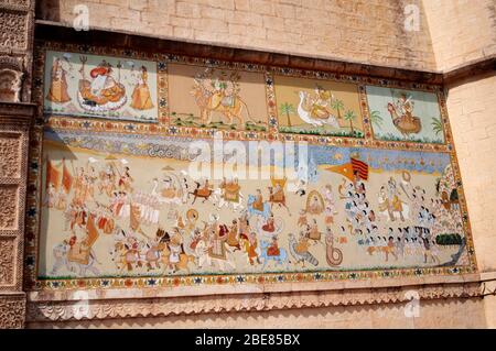 Mural painting at Jaypol Gate, Mehrangarh Fort, Jodhpur, Rajasthan, India Stock Photo