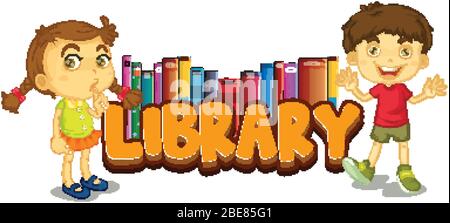 Font design for word library with two happy kids illustration Stock Vector