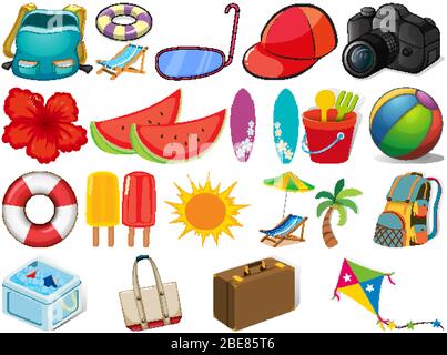 Large set of different summer objects on white background illustration Stock Vector